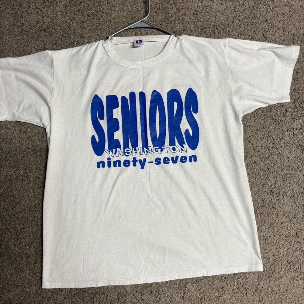 Vintage Russell Athletic White Tee with Blue Seniors Print